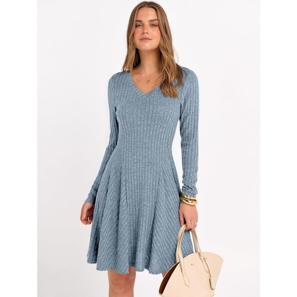 Women's Long Sleeve Ribbed Knit Short Dresses V Neck Swing Sweater Dress Blue - Picture 6 of 7